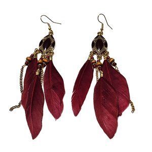 Red Feather Boho Dangle Earrings Gold Tone Red Gem Accents Bead Details Jewelry